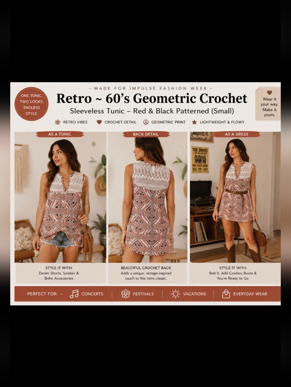 Retro ~ 60’s Geometric Crochet Sleeveless Tunic – Red & Black Patterned Small